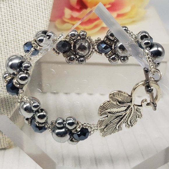 Midnight Ivy Hematite Jewelry - Silver & Dark Blue Necklace Bracelet Earring Set - Picture 6 of 14